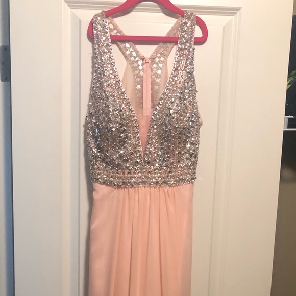 Faviana Long V-Neck A-Line Gown with Beaded Bodice - Picture 4 of 8